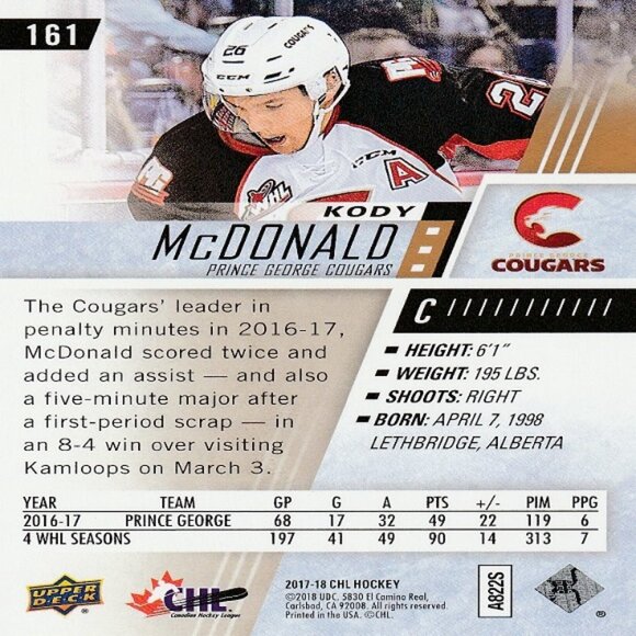 Kody McDonald (Prince George Cougars) 2017/2018 CHL Hockey Card- Card Number 161 - Picture 2 of 2